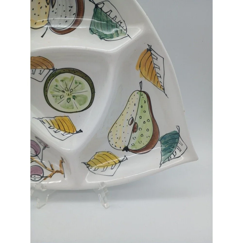 Vtg Hand Painted Italian Divided Serving Dish Platter Tray Fruit Harvest